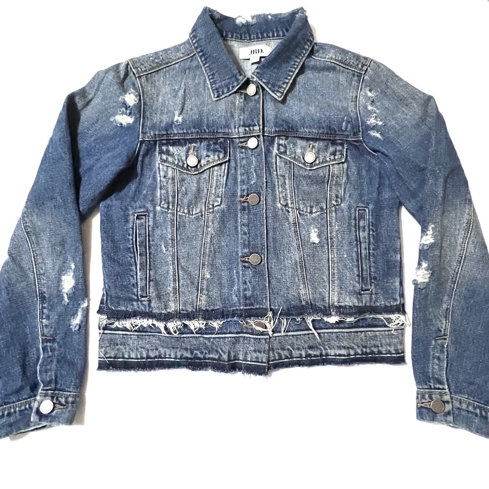 JBD Just Black Denim Jacket Women S Blue Excellent Distressed Raw Hem DA349N